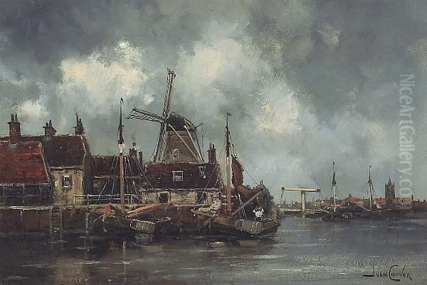 A Dutch Port With A Windmill Beyond; Also A Painting Of A Boat On An Estuary (a Pair) Oil Painting by Hermanus Jr. Koekkoek