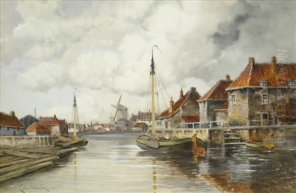 Dordrecht,with Sailing Barge Oil Painting by Hermanus Jr. Koekkoek