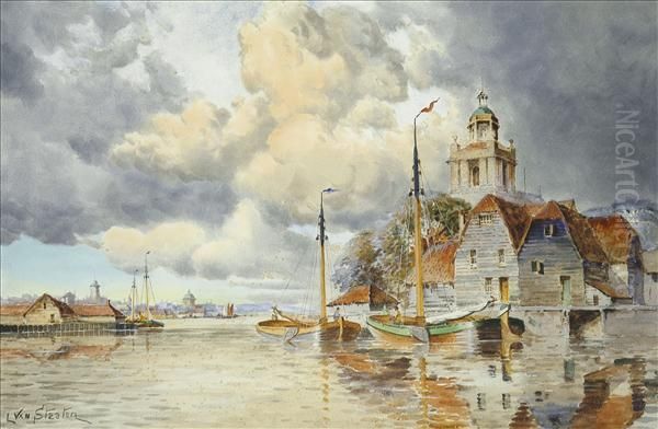 Louis Van Staaten Sailingbarges In An Estuary Oil Painting by Hermanus Jr. Koekkoek