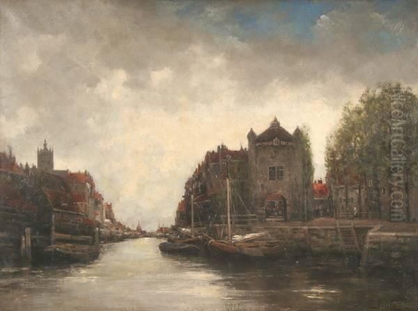 Dutch Canal Scene Oil Painting by Hermanus Jr. Koekkoek