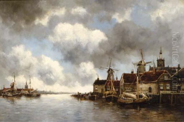 Dutch Village On A Canal Oil Painting by Hermanus Jr. Koekkoek