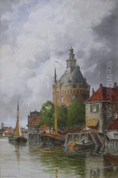 Dutch Canalscene Oil Painting by Hermanus Jr. Koekkoek