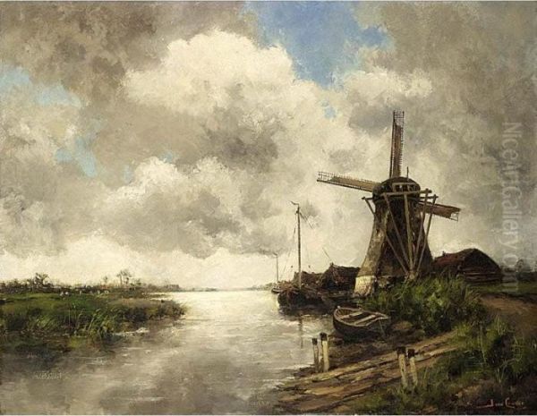 A Windmill In A Polder Landscape Oil Painting by Hermanus Jr. Koekkoek