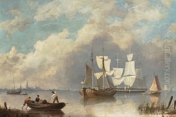 Shipping At Anchor With Fishermen In A Rowing Boat Oil Painting by Hermanus Jr. Koekkoek