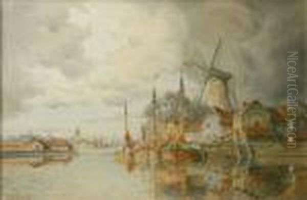 Louis Van Staaten Barges Moored Bya Windmill Near A Dutch Town Oil Painting by Hermanus Jr. Koekkoek