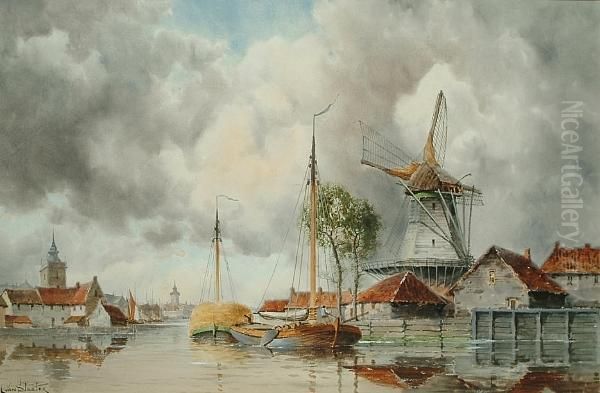 Hay Barges Down A Dutch Canal Oil Painting by Hermanus Jr. Koekkoek