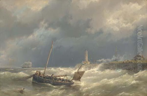 Gathering In The Nets In Stormy Seas Oil Painting by Hermanus Jr. Koekkoek