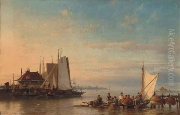 Calm Water, With Fishing Boats At [sic] The River Nearamsterdam Oil Painting by Hermanus Jr. Koekkoek