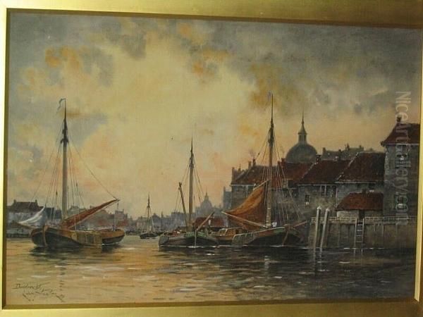 'dordrecht' - Canal Scene With Shipping And Buildings Oil Painting by Hermanus Jr. Koekkoek