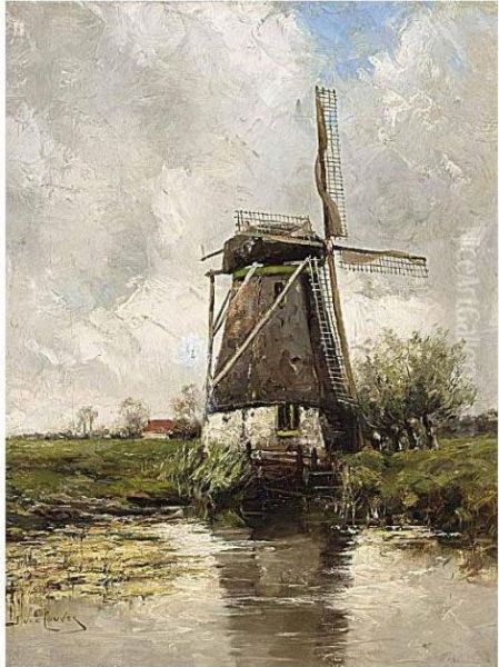 A Windmill In A Polder Landscape Oil Painting by Hermanus Jr. Koekkoek