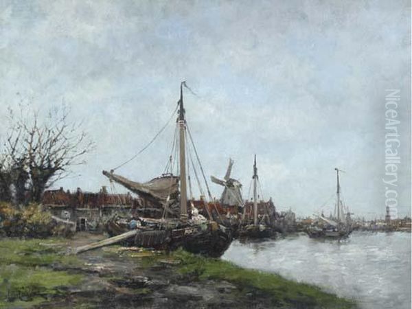 Boats On A Dutch Canal Oil Painting by Hermanus Jr. Koekkoek