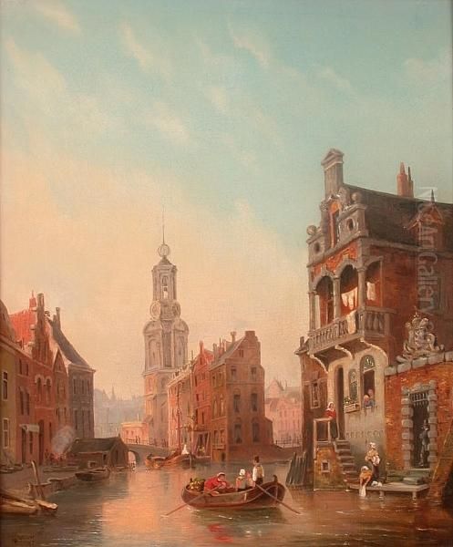 Dutch Townscape From The River Oil Painting by Hermanus Jr. Koekkoek