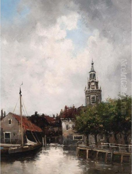 A View Of A Boat In A Harbour Near A Town Oil Painting by Hermanus Jr. Koekkoek