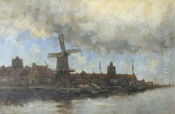 A View Of A Dutch Town Along A River Oil Painting by Hermanus Jr. Koekkoek