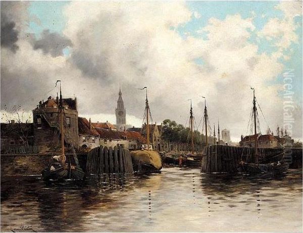 Hay Barges In Harbour Oil Painting by Hermanus Jr. Koekkoek