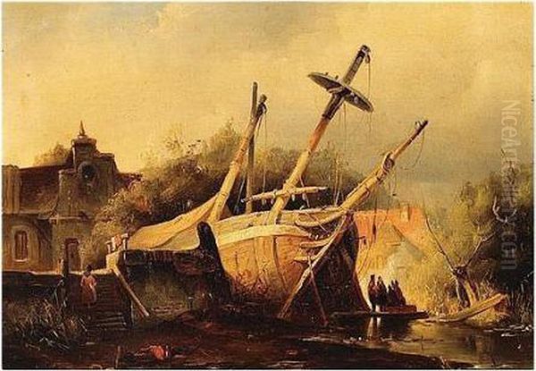 Attributed To , Shipwreck, Oil On Board, 25 X 31.5 Cm.; 10 X 12 1/4 In Oil Painting by Hermanus Jr. Koekkoek