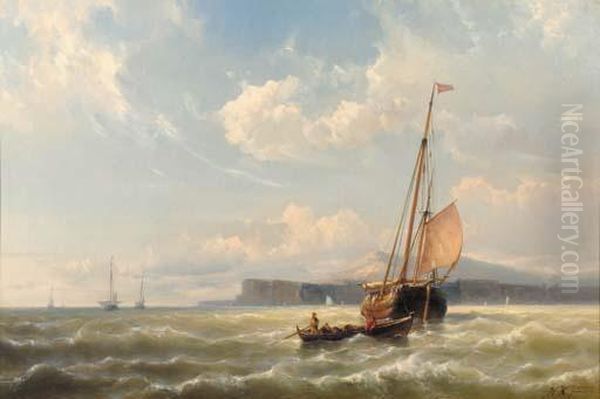 Shipping Off The Coast In Breezy Weather Oil Painting by Hermanus Jr. Koekkoek