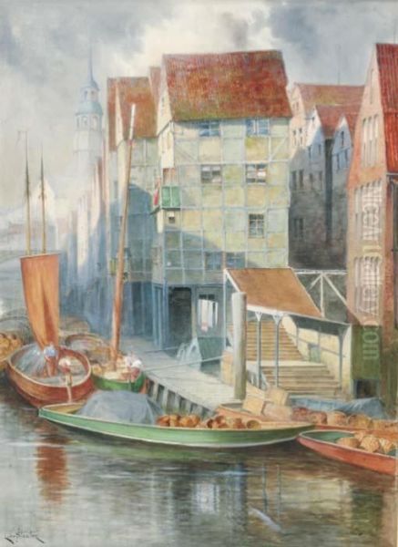 Figures On Barges In A Dutch Port; And A Dutch Canal Scene Oil Painting by Hermanus Jr. Koekkoek