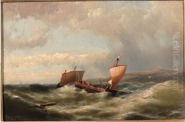 Sailors In A Barge On A Choppy Sea Off The Coast Oil Painting by Hermanus Jr. Koekkoek