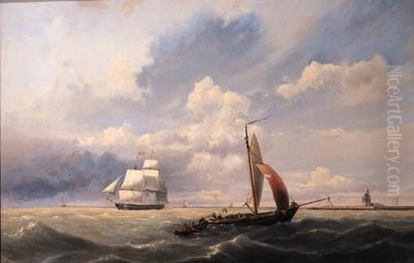 Shipping Off The Coast, With The Hoofdtoren, Hoorn Beyond Oil Painting by Hermanus Jr. Koekkoek