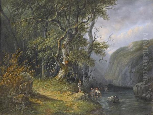 Gebirgige Flussuferpartie Mit Fischern Oil Painting by Johannes Hermann Barend Koekkoek