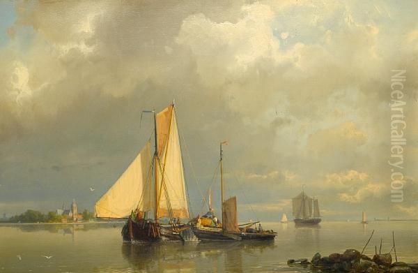 Dutch Barges Becalmed In The Estuary Andtransferring Cargo Oil Painting by Johannes Hermann Barend Koekkoek