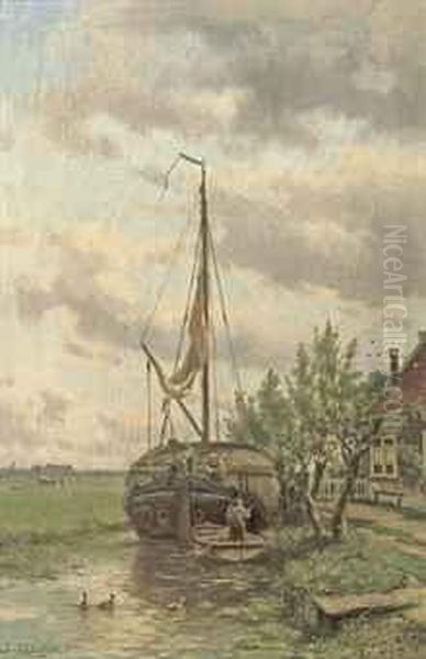 A Moored Hay Vessel Oil Painting by Johannes Hermann Barend Koekkoek