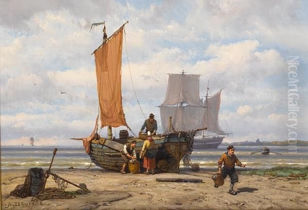 Unloading The Catch Oil Painting by Johannes Hermann Barend Koekkoek