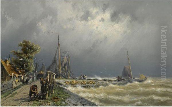 Entering Volendam Harbour Oil Painting by Johannes Hermann Barend Koekkoek