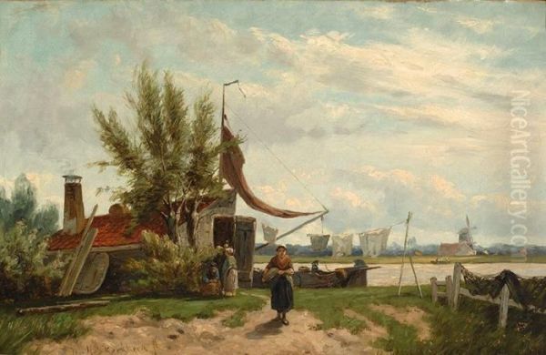 Along The Canal Oil Painting by Johannes Hermann Barend Koekkoek