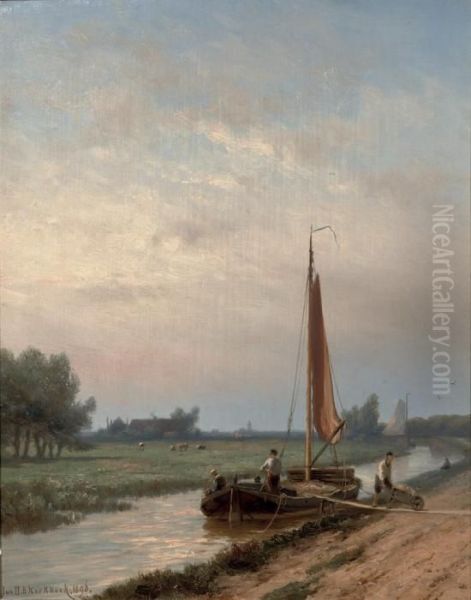 Unloading A Barge On The Gooische Vaart, Hilversum Oil Painting by Johannes Hermann Barend Koekkoek