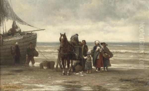 Unloading The Catch Oil Painting by Johannes Hermann Barend Koekkoek