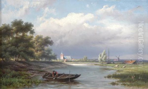 Panning For Gold With An Old Lady In A Punt. Oil Painting by Johannes Hermann Barend Koekkoek