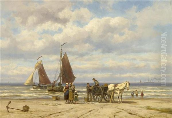 Beach Scene Oil Painting by Johannes Hermann Barend Koekkoek