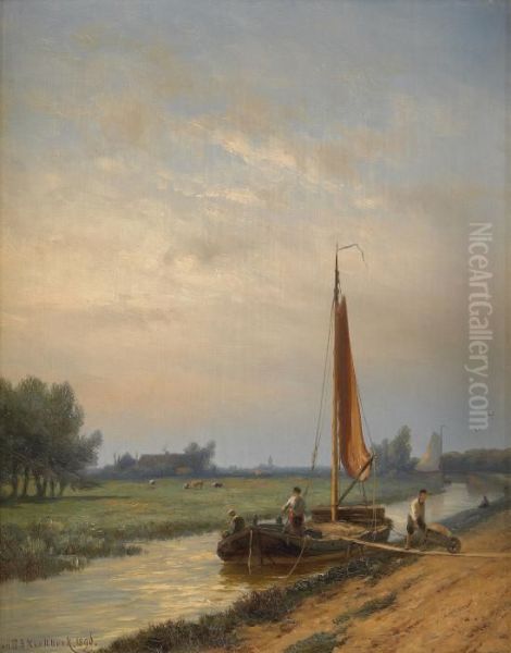 Hollandskt Flodlandskap Oil Painting by Johannes Hermann Barend Koekkoek