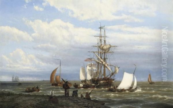 A Busy Estuary Oil Painting by Johannes Hermann Barend Koekkoek