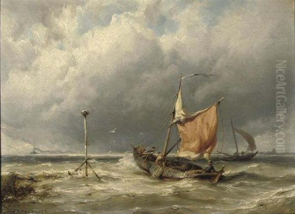 Fishermen In Rough Weather Oil Painting by Johannes Hermann Barend Koekkoek