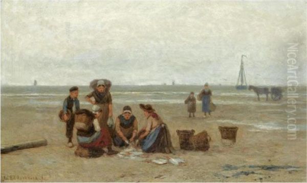 Sorting The Catch Oil Painting by Johannes Hermann Barend Koekkoek