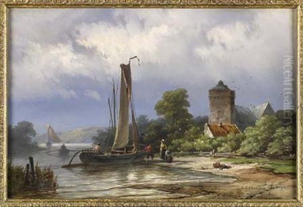 A Landing Place On The Yssel Oil Painting by Johannes Hermann Barend Koekkoek