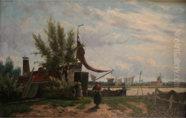 Figures By A Fisherman's Hut In A River Landscape Oil Painting by Johannes Hermann Barend Koekkoek