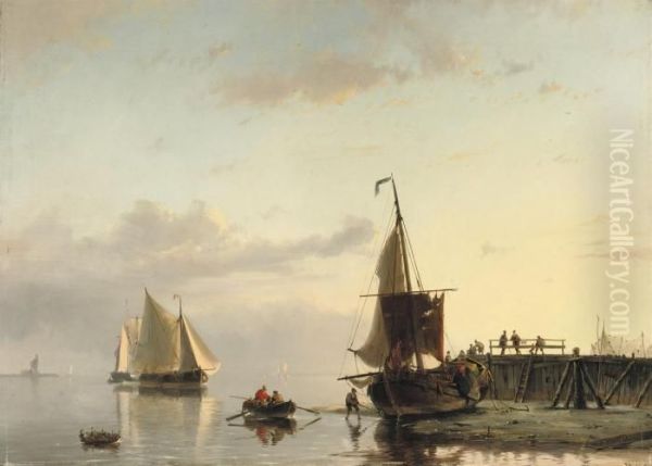 A Jetty At Low Tide Oil Painting by Johannes Hermann Barend Koekkoek