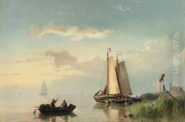 Fishing On A Calm Oil Painting by Johannes Hermann Barend Koekkoek