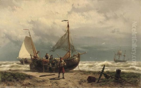 Unloading The Catch Oil Painting by Johannes Hermann Barend Koekkoek