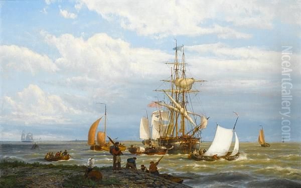 A Busy Estuary Oil Painting by Johannes Hermann Barend Koekkoek