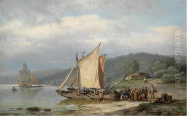 Unloading The Barge Oil Painting by Johannes Hermann Barend Koekkoek