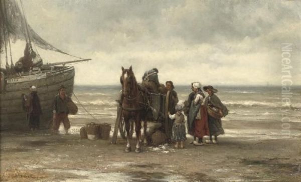 Unloading The Catch Oil Painting by Johannes Hermann Barend Koekkoek