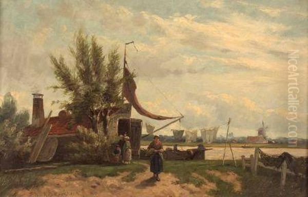 Dutch River Scene With Figures And Windmill In Distance Oil Painting by Johannes Hermann Barend Koekkoek