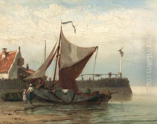 Figuren Bij Platbodem Aan Dewaterkant Oil Painting by Johannes Hermann Barend Koekkoek