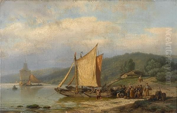 Unloading The Barge Oil Painting by Johannes Hermann Barend Koekkoek