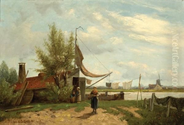 Laundry Day At A Shippersfamily Oil Painting by Johannes Hermann Barend Koekkoek